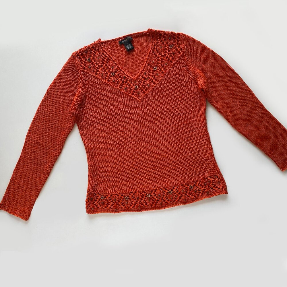 BCBG Maxazria Loose Knit Boho Embellished Sweater Size L Burnt Orange